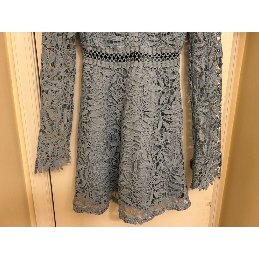 NWT Boohoo Women's Lace Crochet Long Sleeve Flare Dress Blue Sz 4 - Picture 7 of 16